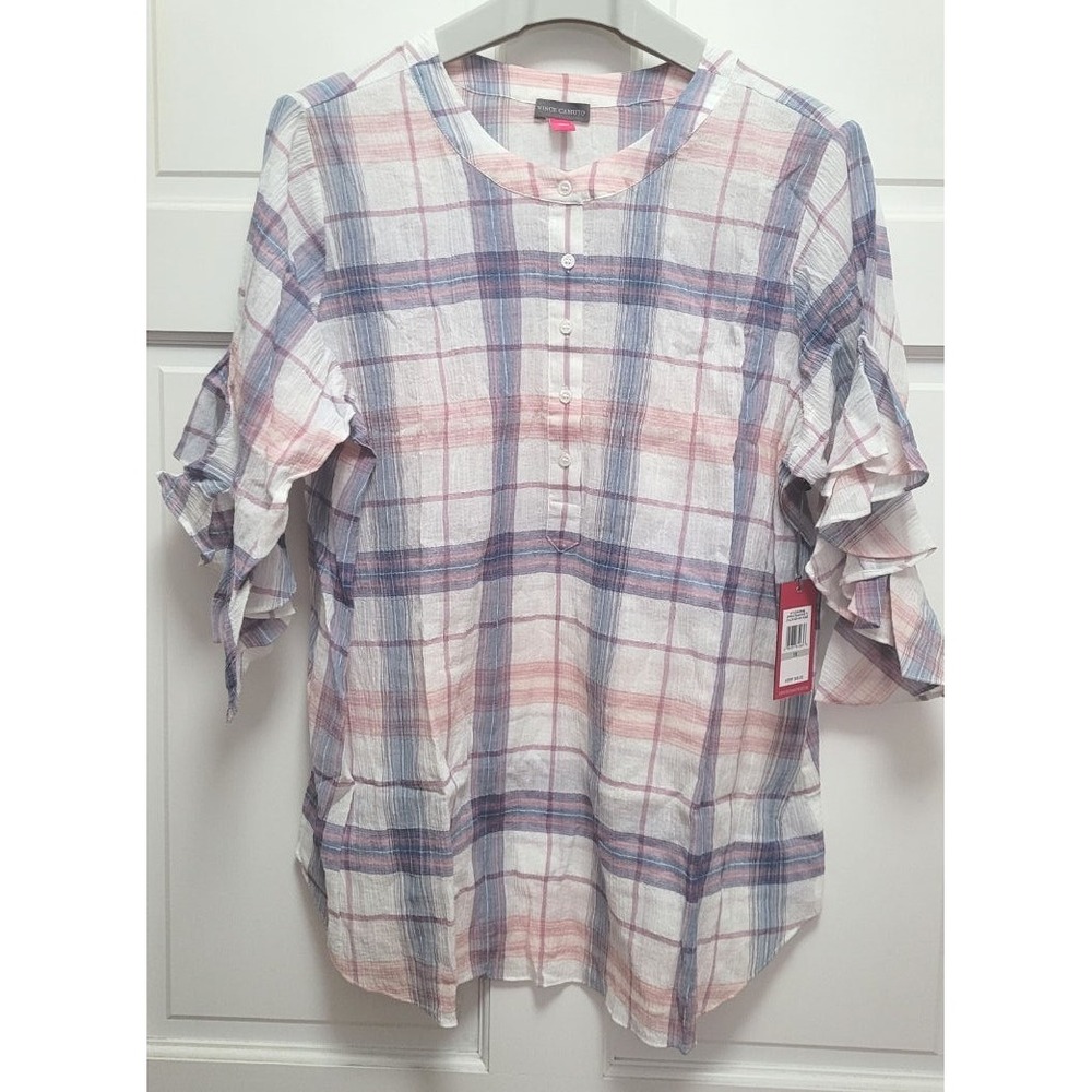 Vince Camuto Spring Romance 3/4 Ruffle Sleeve Crinkle Plaid Tunic - Ash Rose 1X